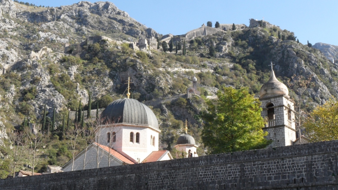 Kotor Town, looking up to the forts and the 