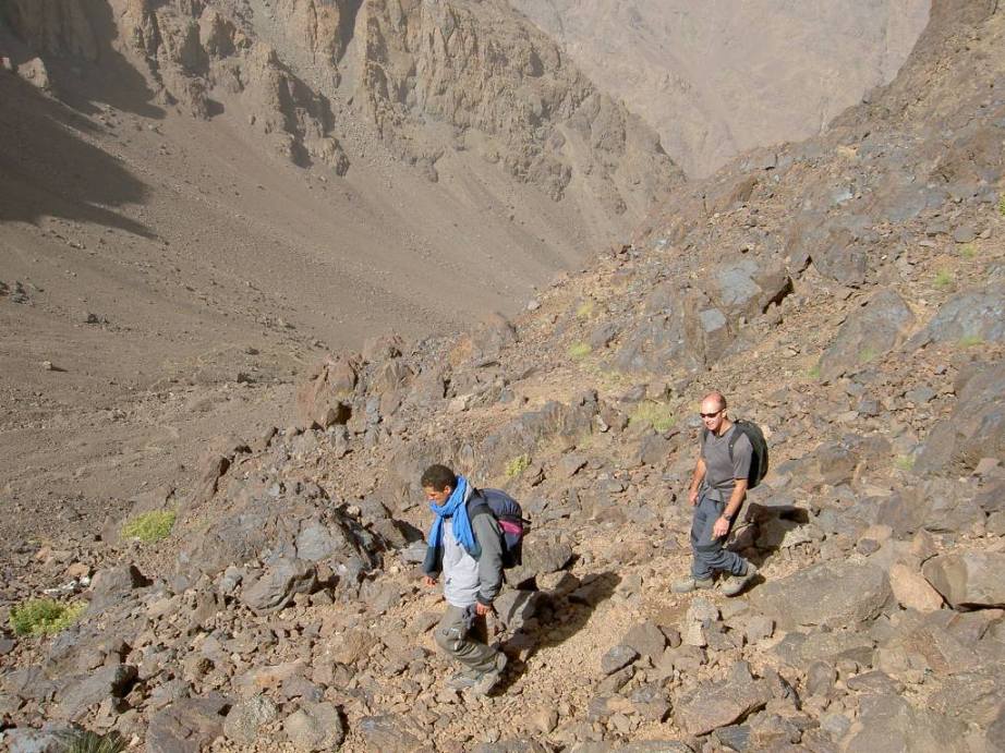 Hiking down from Mount Toubkal