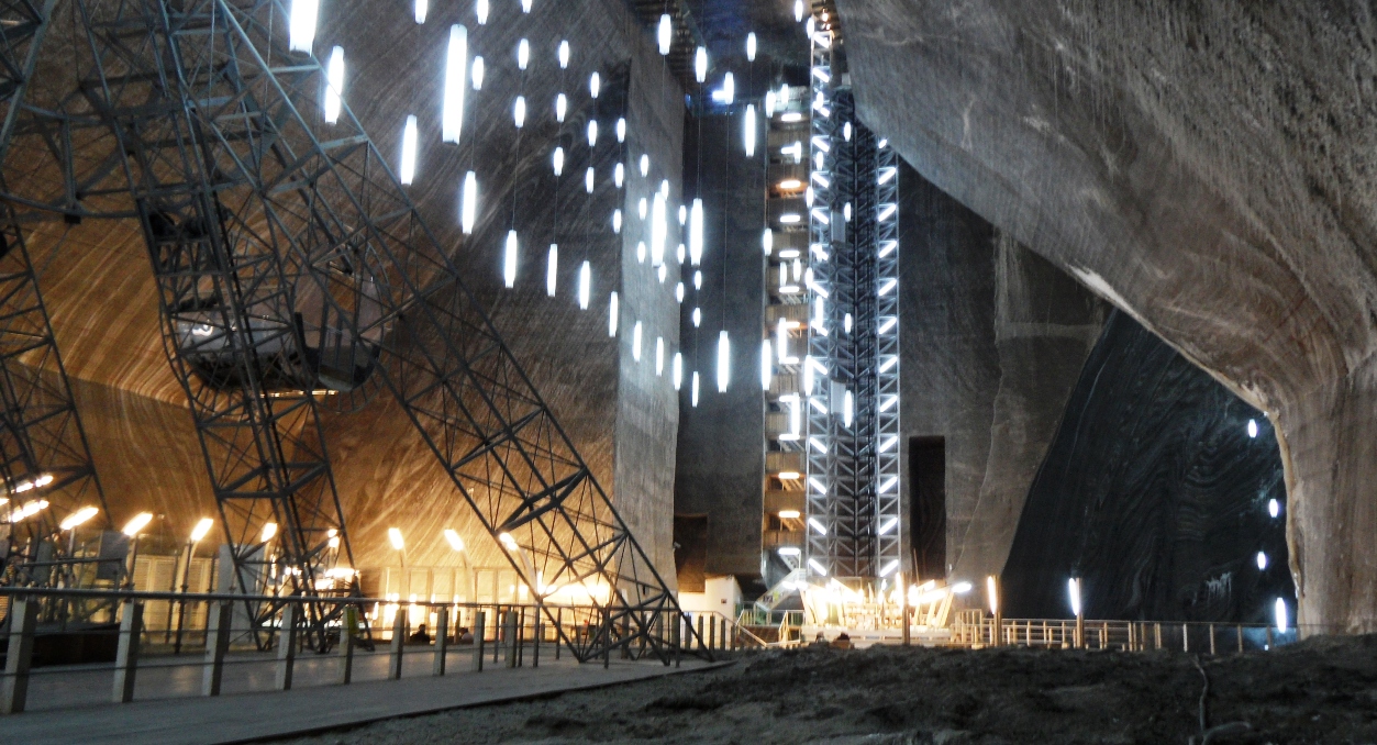 Inside the huge cavern of Turda Salt Mines